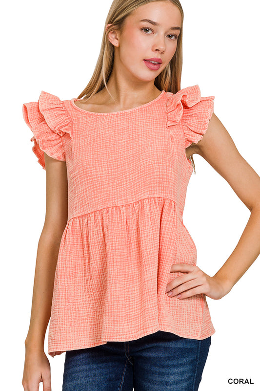 424- Coral Washed Gauze Top w/ Ruffle Sleeves