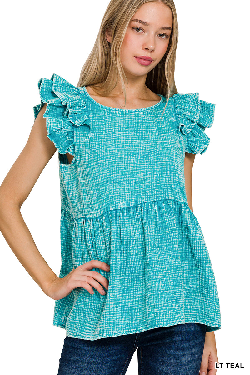 425- Light Teal Washed Gauze Top w/ Ruffle Sleeves