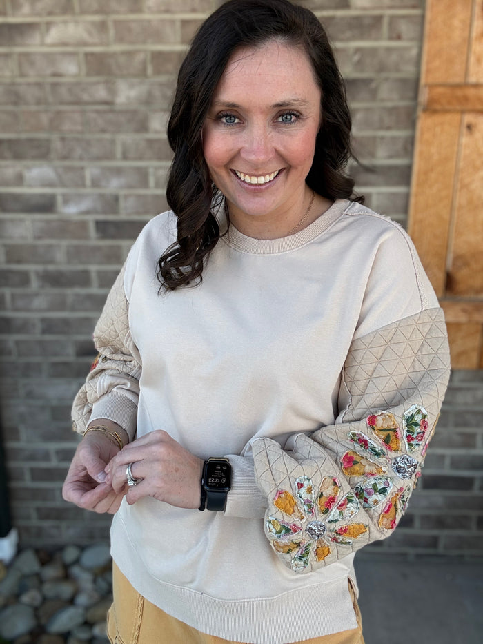 Quilted Washed Terry Floral Patch Pullover by Easel