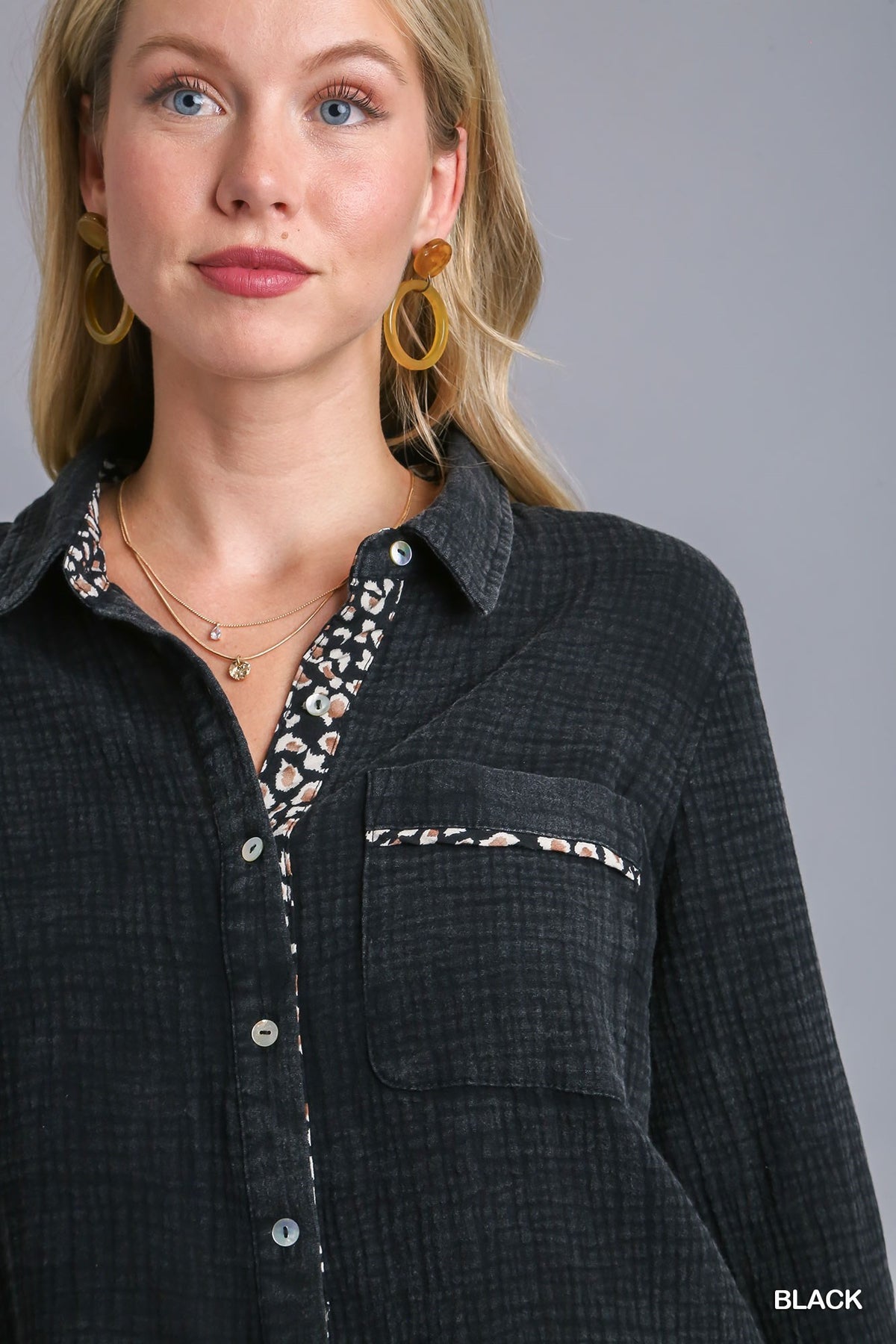 9246- Black Mineral Wash Gauze Button Down w/ Leopard Detail [UMGEE]