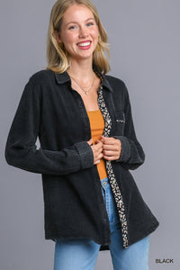 9246- Black Mineral Wash Gauze Button Down w/ Leopard Detail [UMGEE]