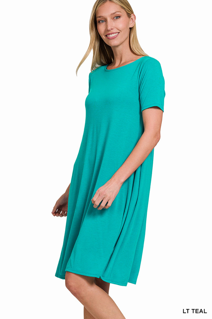 2431- Light Teal Short Sleeve T-Shirt Dress w/ Pockets