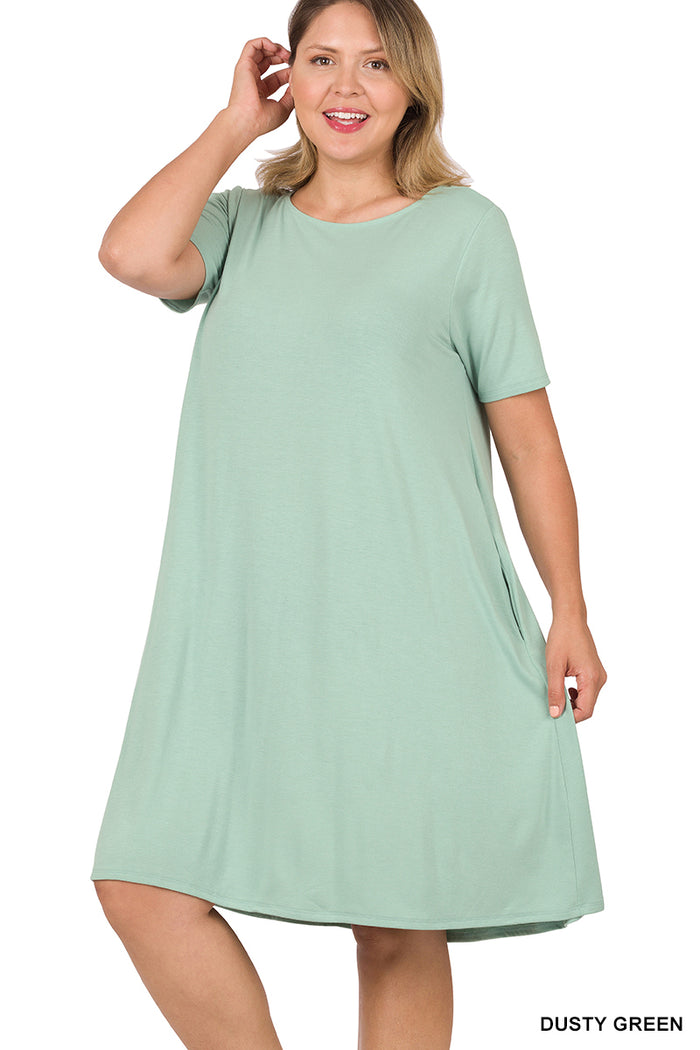 2433- Dusty Green Short Sleeve T-Shirt Dress w/ Pockets