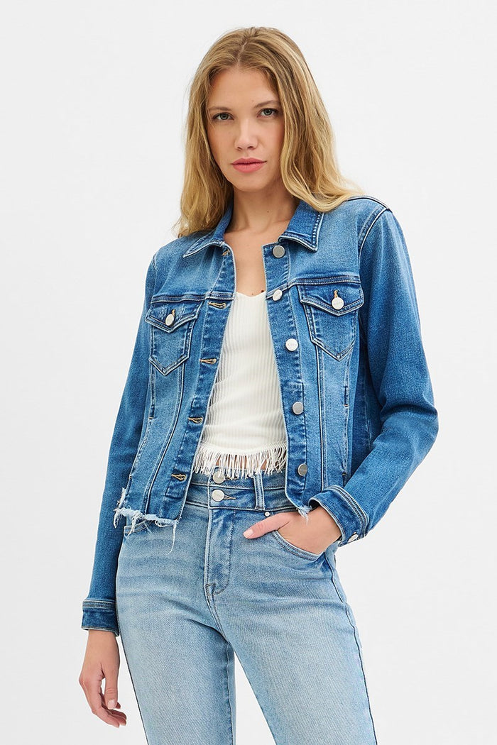 Medium Wash Fray hemmed Denim Jacket by Risen