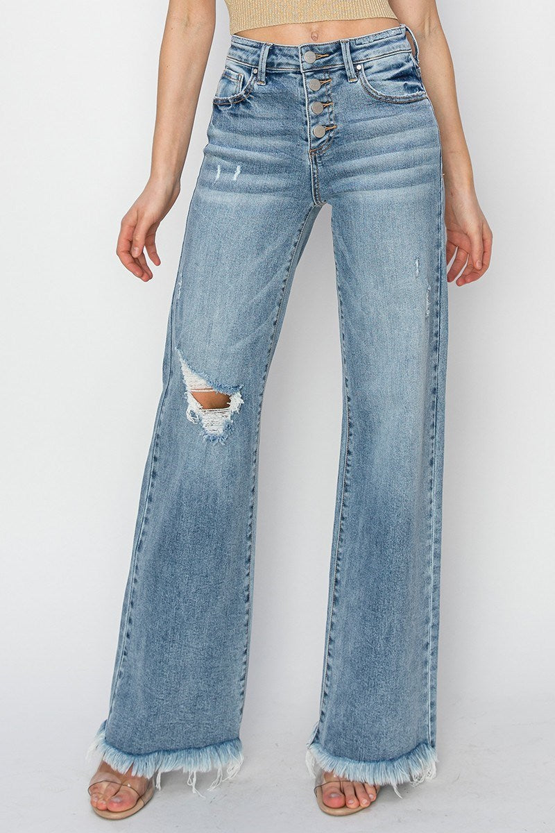 3576- Medium Wash Mid Rise Button Down Wide Leg Jeans w/ Fringe Base