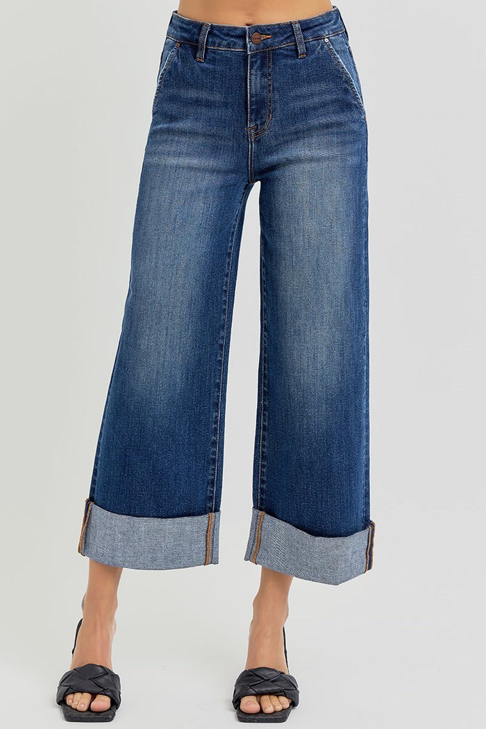 Dark Wash High Rise Tummy Control Ankle Wide Cuffed Jeans by Risen