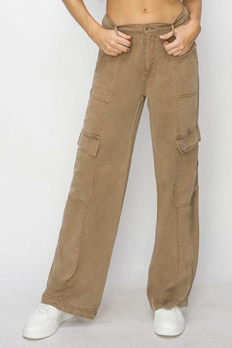 Brown High Rise Ankle Wide Tencel Cargo Pants by Risen