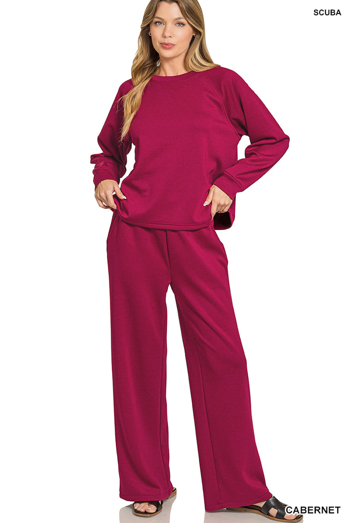 Cabernet Scuba Crewneck Pullover & Pants Set by Zenana