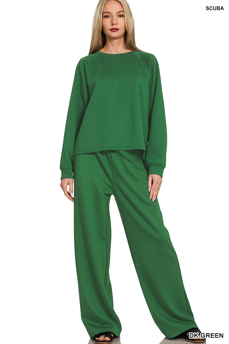Dark Green Scuba Crewneck Pullover & Pants Set by Zenana