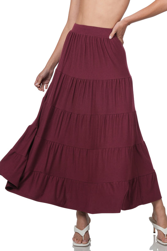 8925- Dark Burgundy Tier Maxi Skirt