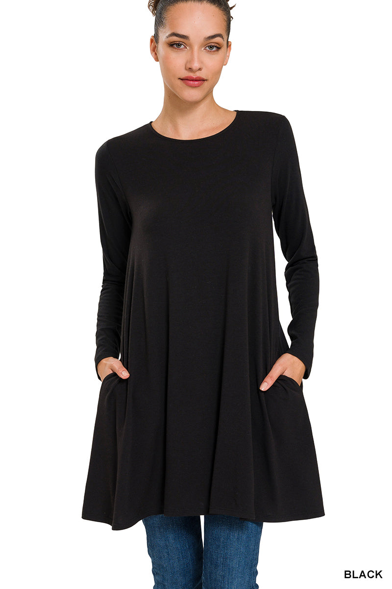 20295- Black Long Sleeve Tunic Dress w/ Pockets