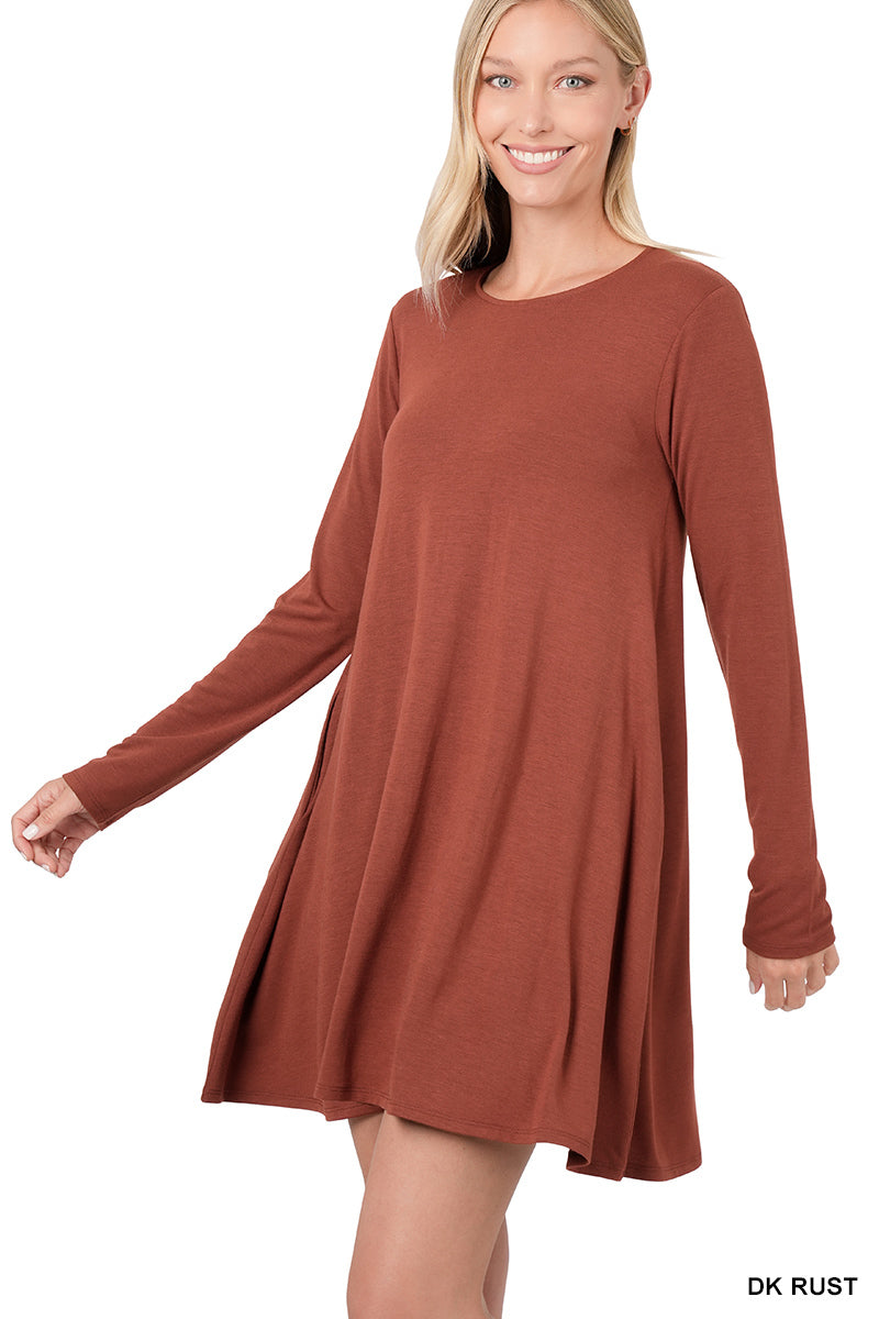 20296- Dark Rust Long Sleeve Tunic Dress w/ Pockets