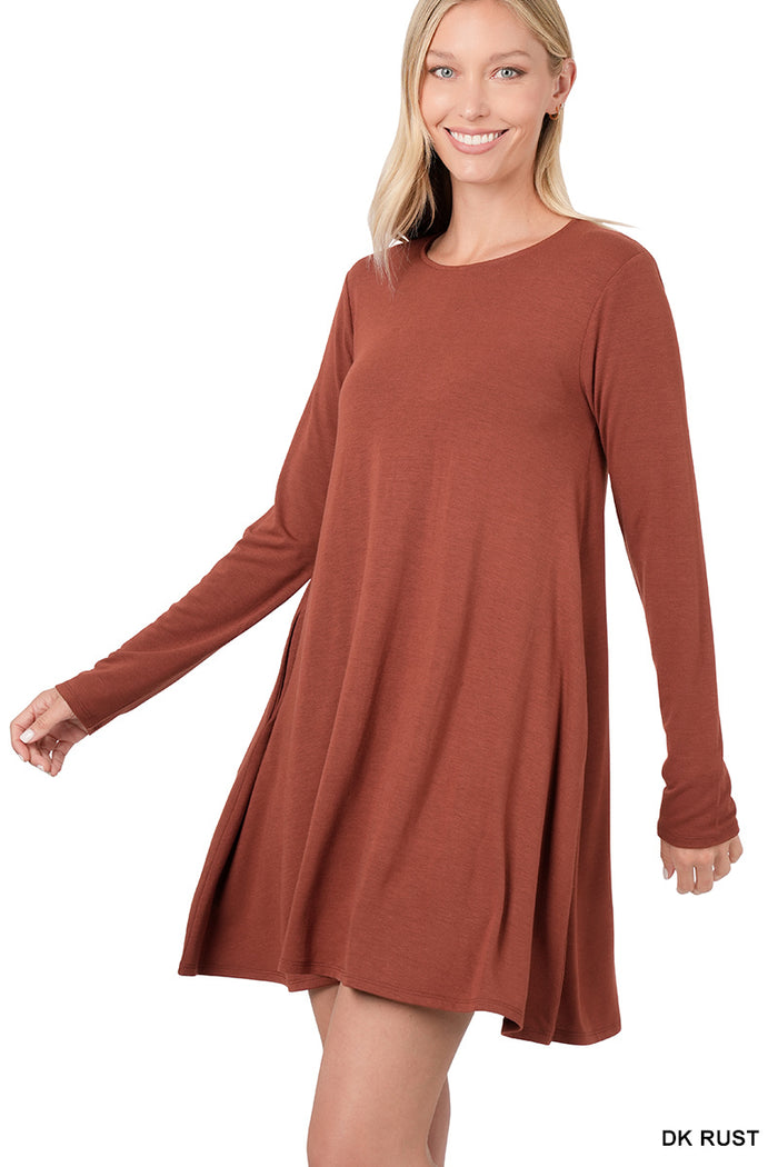 20296- Dark Rust Long Sleeve Tunic Dress w/ Pockets