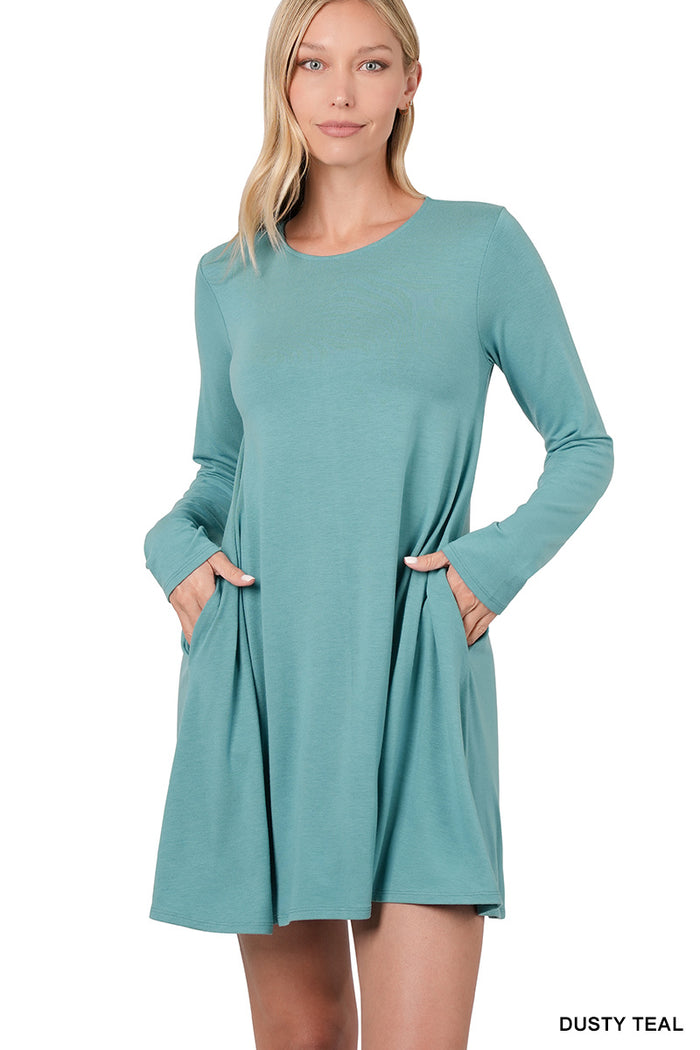 20297- Dusty Teal Long Sleeve Tunic Dress w/ Pockets