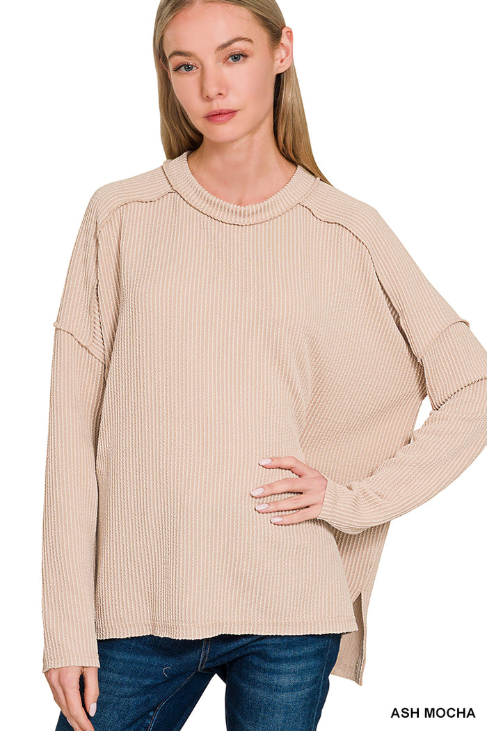 Ash Mocha Raised Rib Raw Edge Boat Neck Long Sleeve Top by Zenana