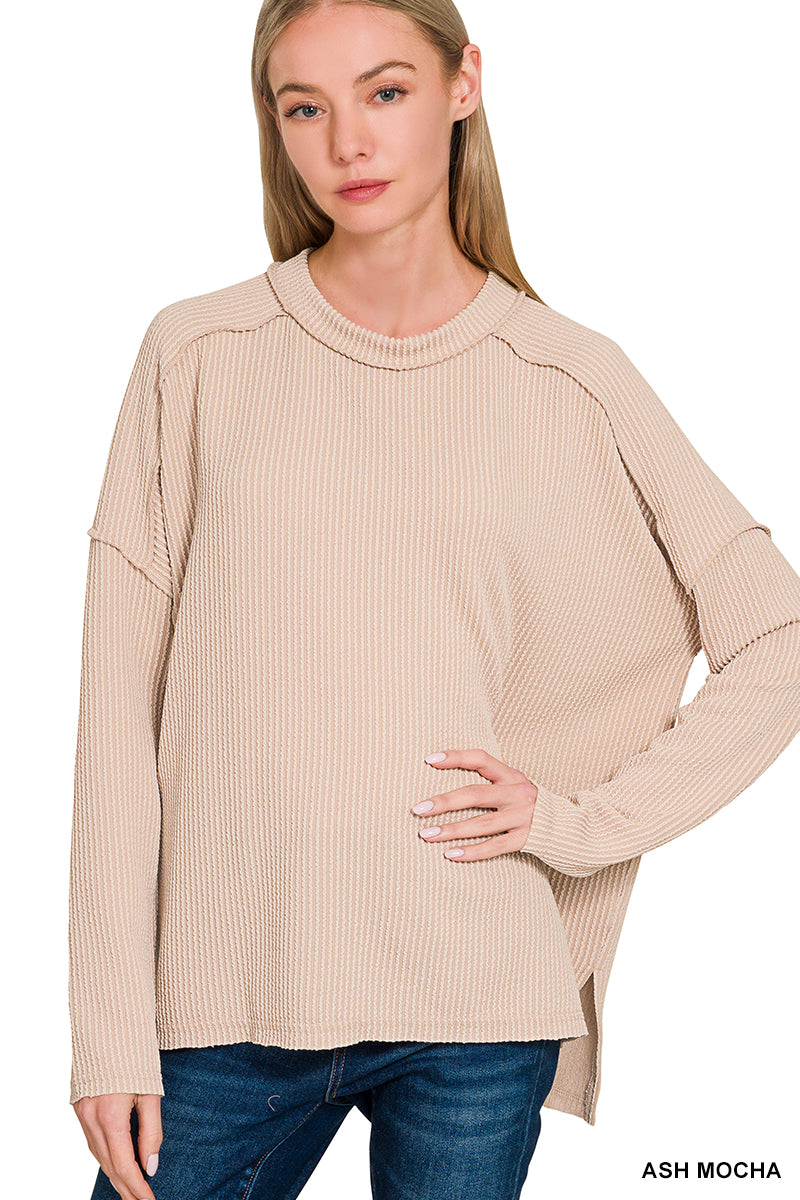 Ash Mocha Raised Rib Raw Edge Boat Neck Long Sleeve Top by Zenana