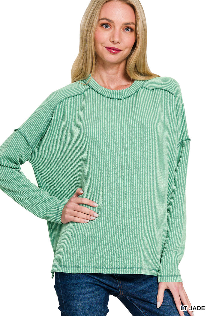 Light Jade Raised Rib Raw Edge Boat Neck Long Sleeve Top by Zenana