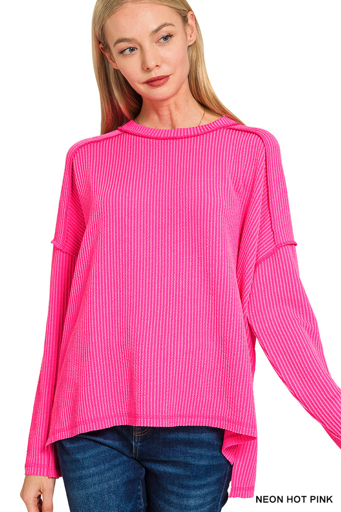 Neon Hot Pink Raised Rib Raw Edge Boat Neck Long Sleeve Top by Zenana