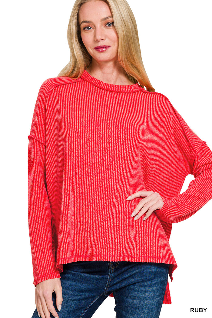 Ruby Raised Rib Raw Edge Boat Neck Long Sleeve Top by Zenana