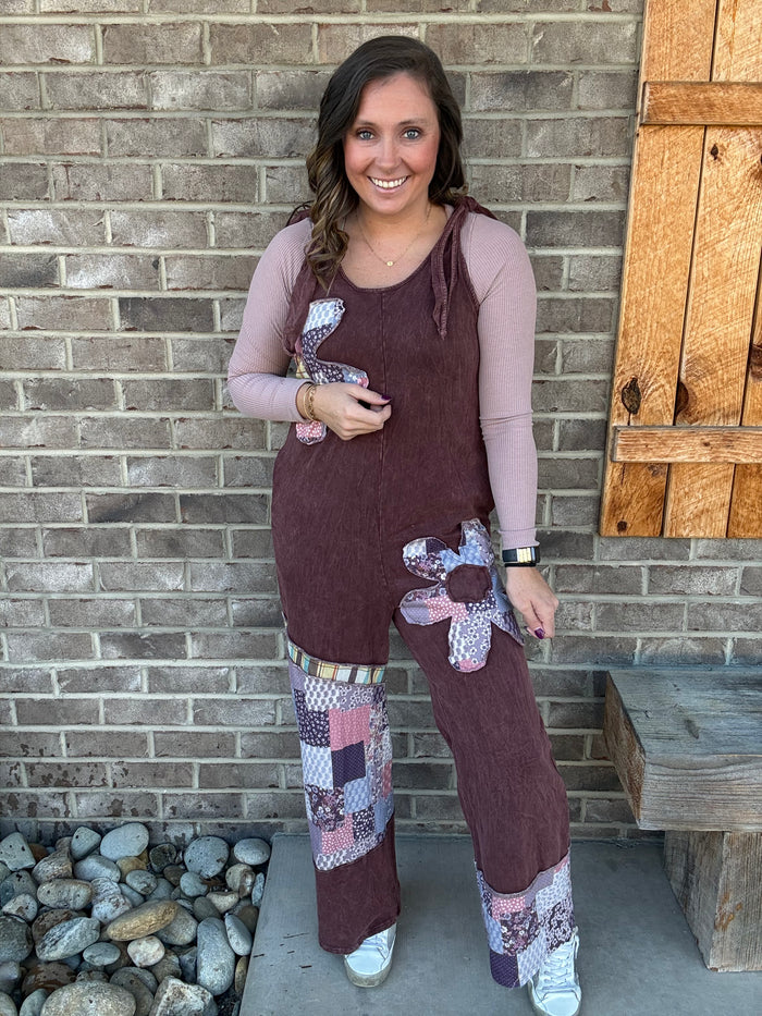 Red Beam Mineral Washed Daisy Patchwork Tie Jumpsuit by J. Her