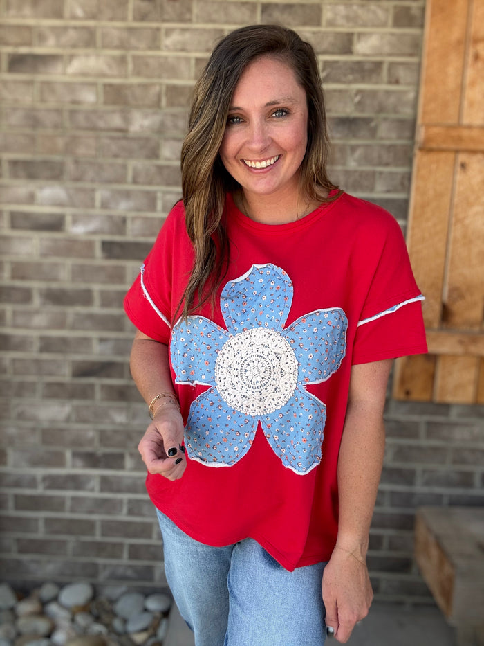 Red Cotton French Terry Flower Patched Top – by J. Her