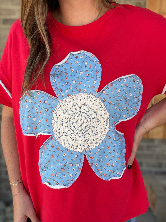 Red Cotton French Terry Flower Patched Top – by J. Her