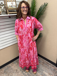 Red Leafy Border Print V-Neck Midi Dress by Umgee