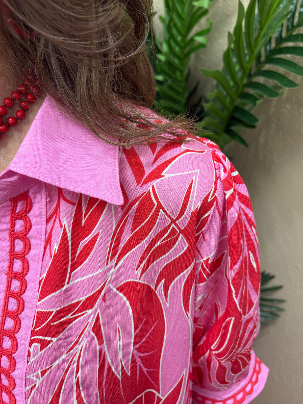 Red Leafy Border Print V-Neck Midi Dress by Umgee