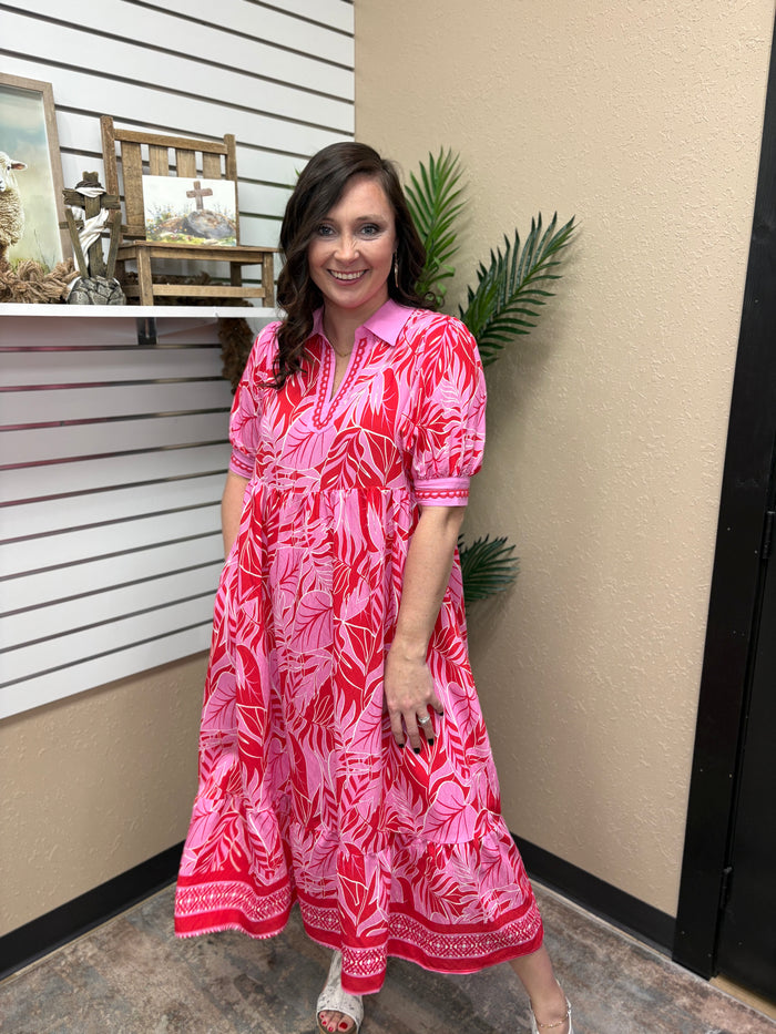 Red Leafy Border Print V-Neck Midi Dress by Umgee