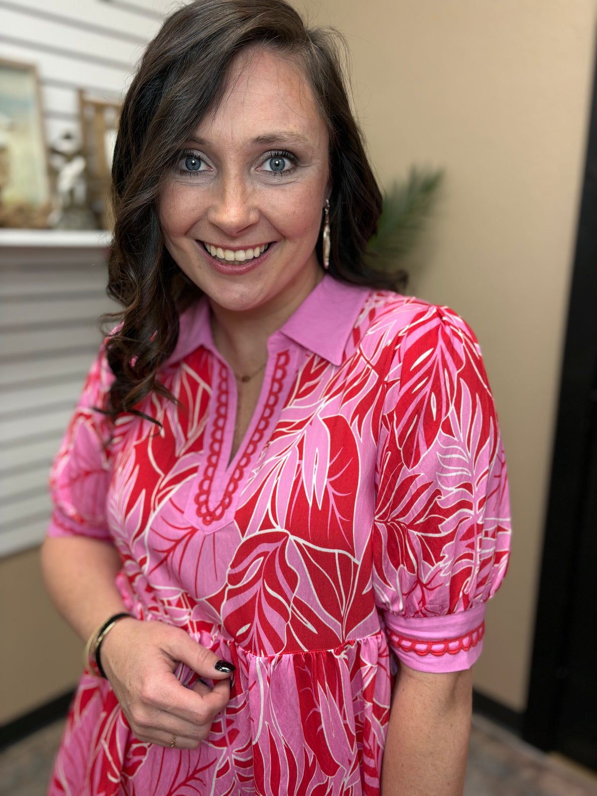 Red Leafy Border Print V-Neck Midi Dress by Umgee