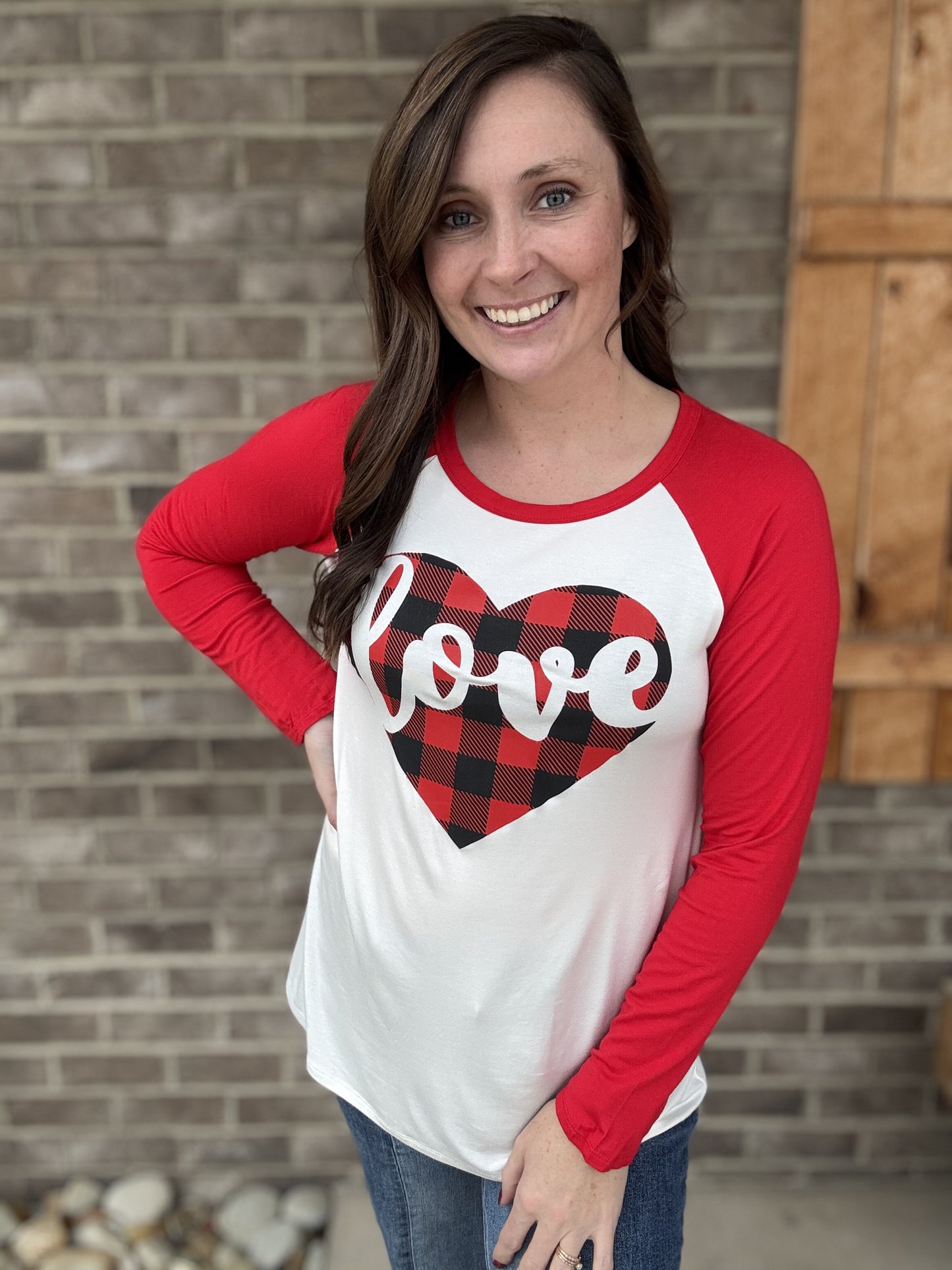 8455- Red Love Buffalo Plaid Heart Long Sleeve Raglan Top