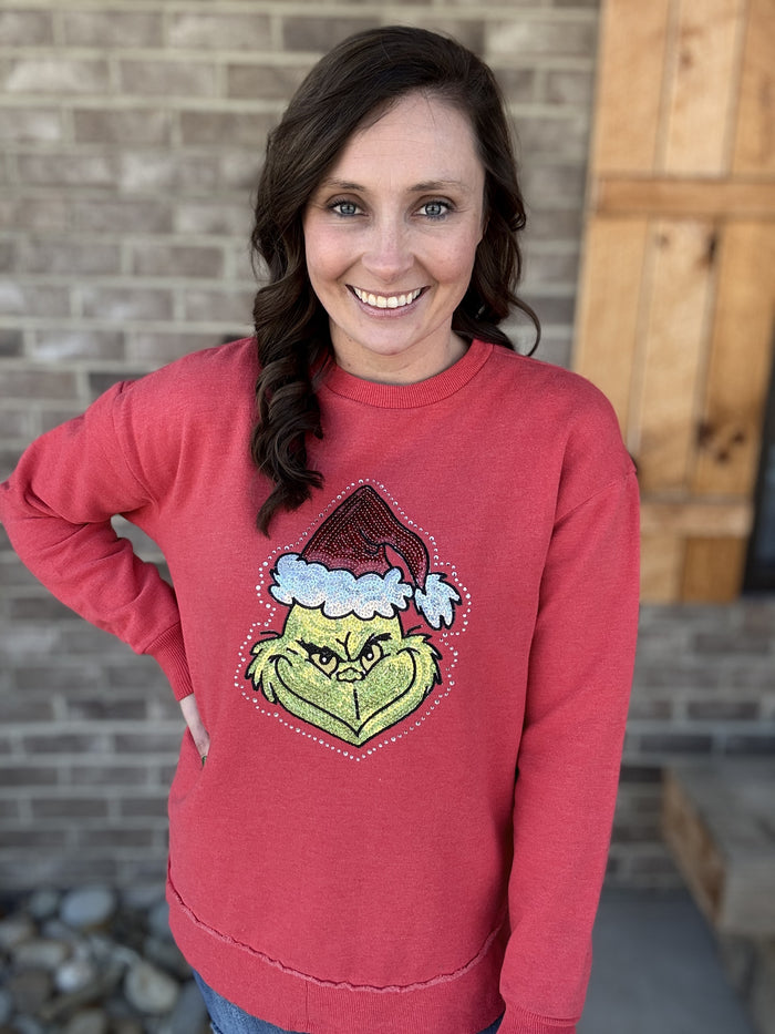 8363- Red Royce w/ Sequin Grinch Royce Scoop Hem Pullover *BRUMLEYS EXCLUSIVE*