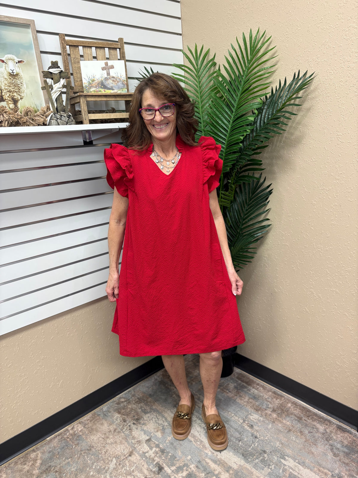 Red Seersucker Ruffle Shift Dress by Umgee