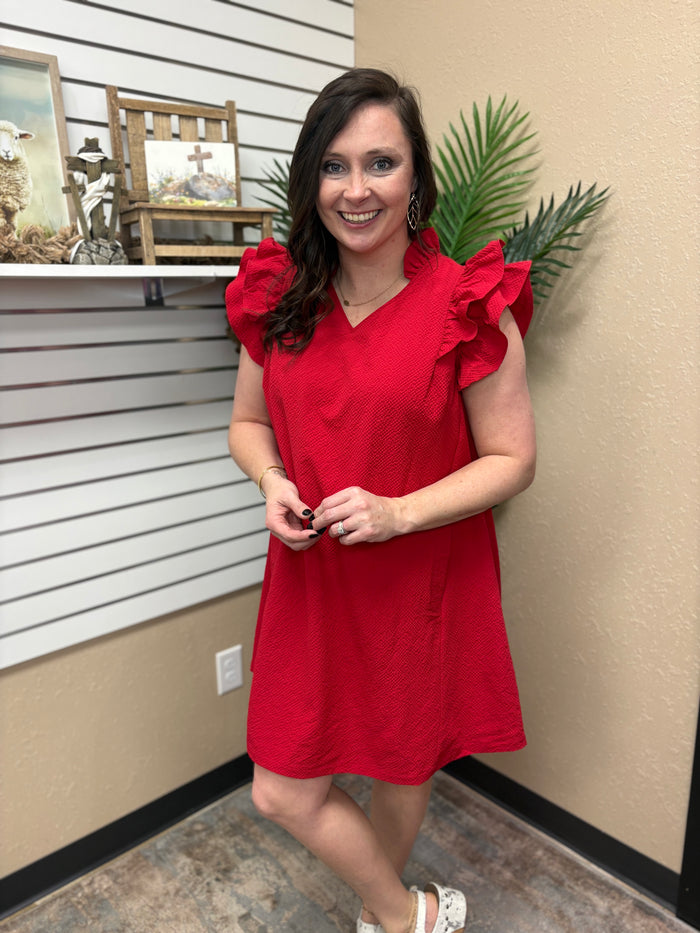 Red Seersucker Ruffle Shift Dress by Umgee