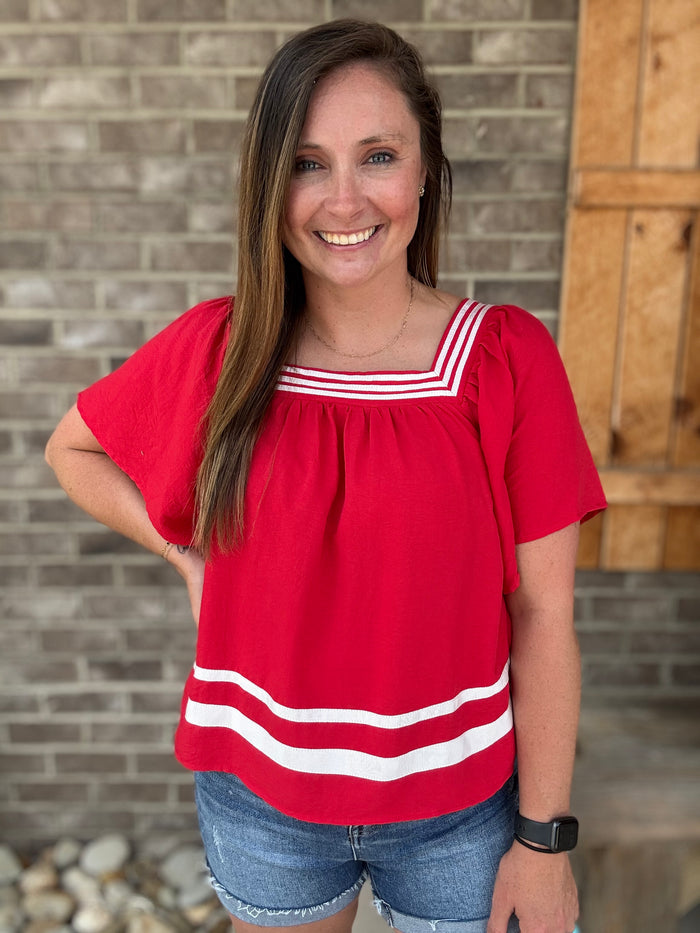 Red Game Day Flare Sleeve Square Neck Top