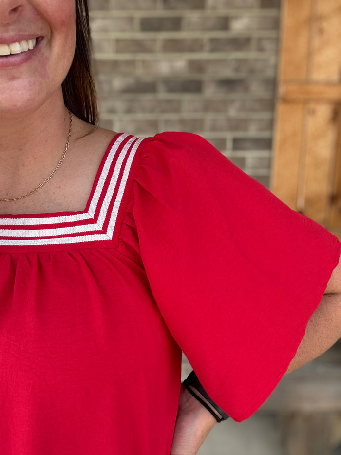 Red Game Day Flare Sleeve Square Neck Top