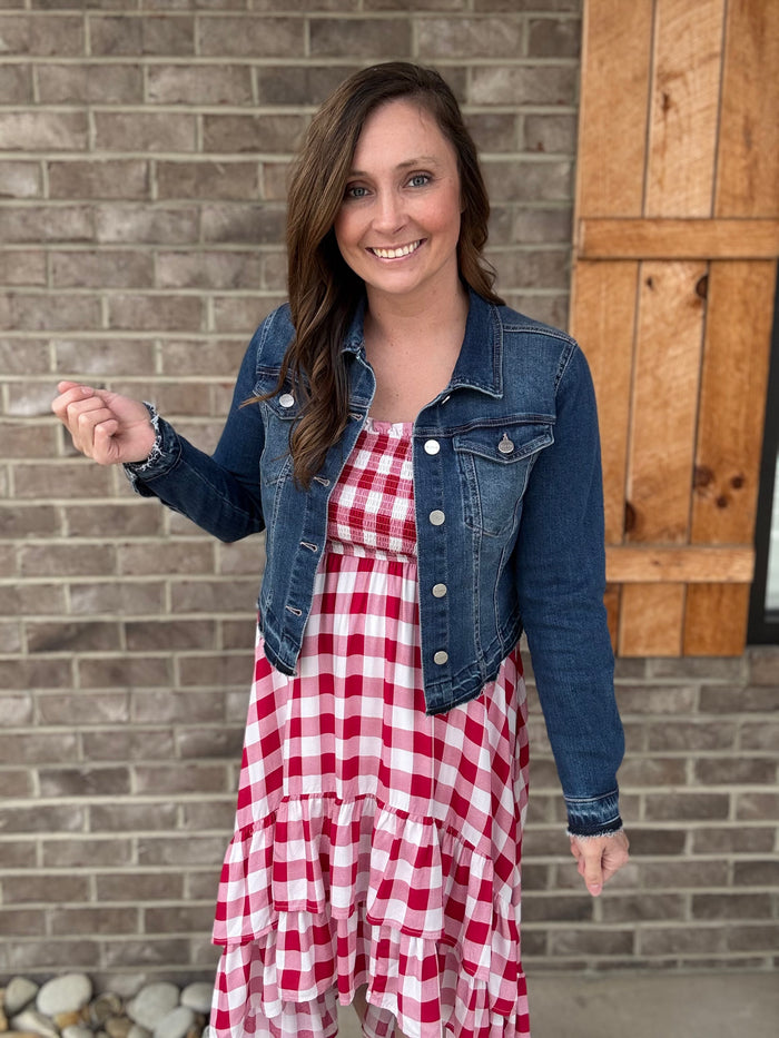 Red & Ivory Smocked Chest Strapless Check Dress