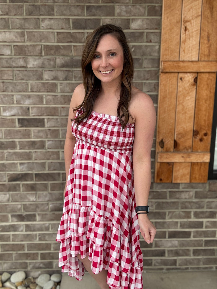 Red & Ivory Smocked Chest Strapless Check Dress