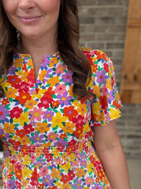 Red & Pink Floral Print Smocked Waist Tiered Dress