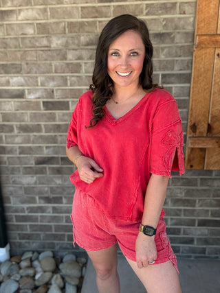 Red Short Sleeve Bow Trim Top by J. Her