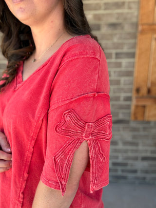 Red Short Sleeve Bow Trim Top by J. Her