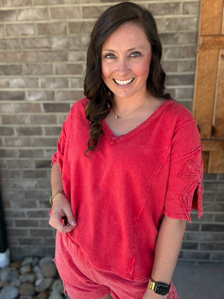 Red Short Sleeve Bow Trim Top by J. Her