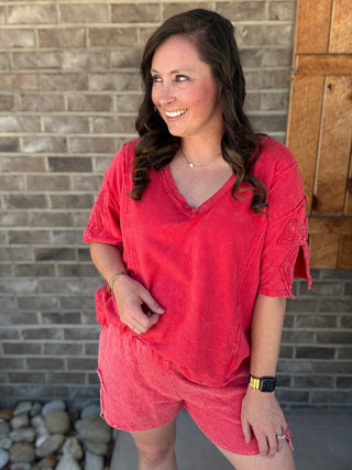 Red Short Sleeve Bow Trim Top by J. Her