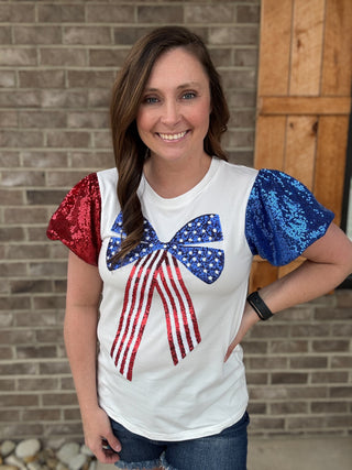 Red, White, and Blue Flag Bow Tee w/ Sequin Sleeves