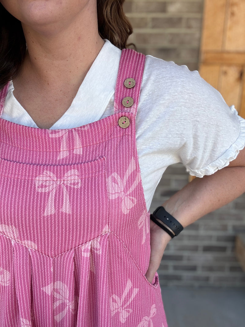 Pink Ribbon Bow Print Ribbed Overalls