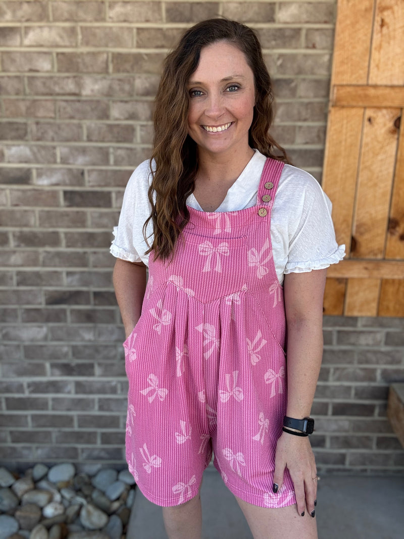 Pink Ribbon Bow Print Ribbed Overalls
