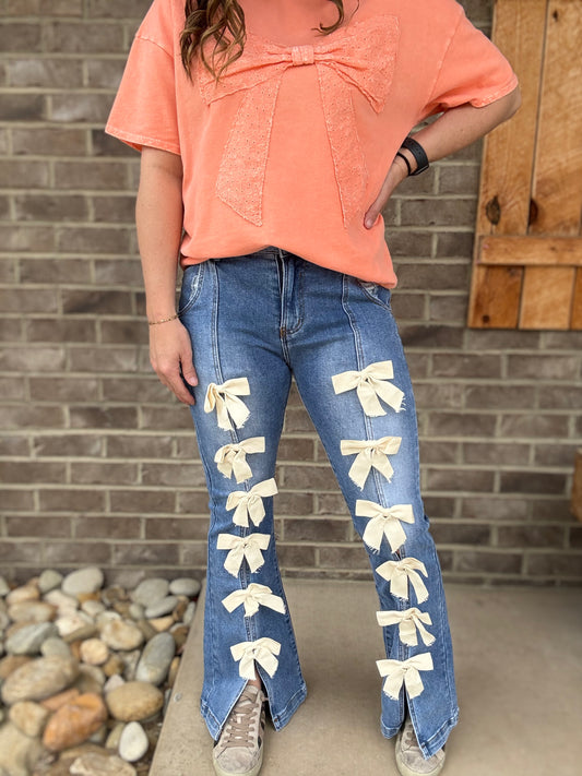 Ribbon Detail High Waisted Flare Denim Jeans by Oli & Hali