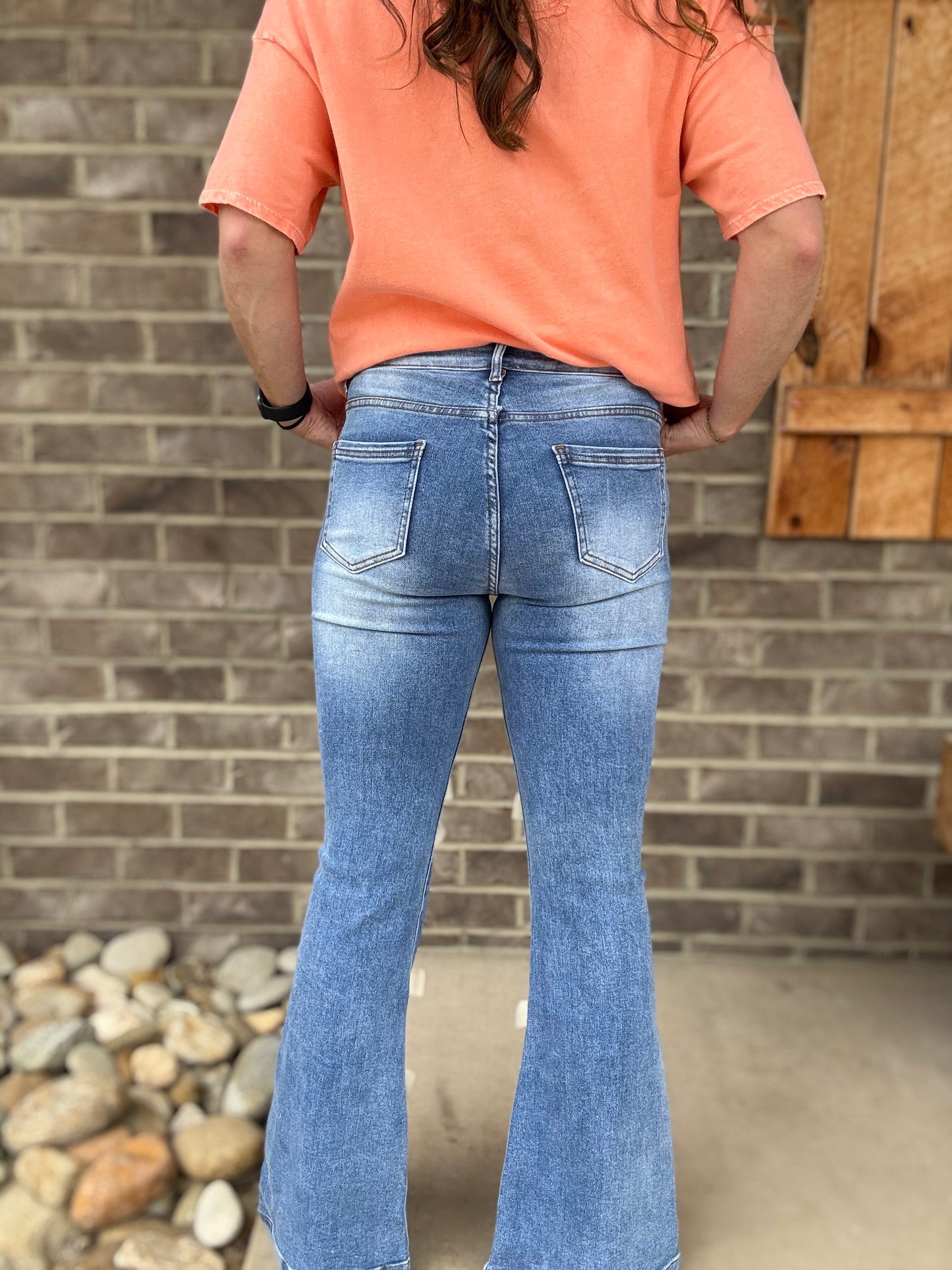 Ribbon Detail High Waisted Flare Denim Jeans by Oli & Hali