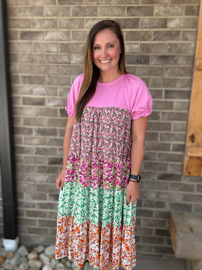 Rose Garden Print Mix Tiered Midi Dress by Easel