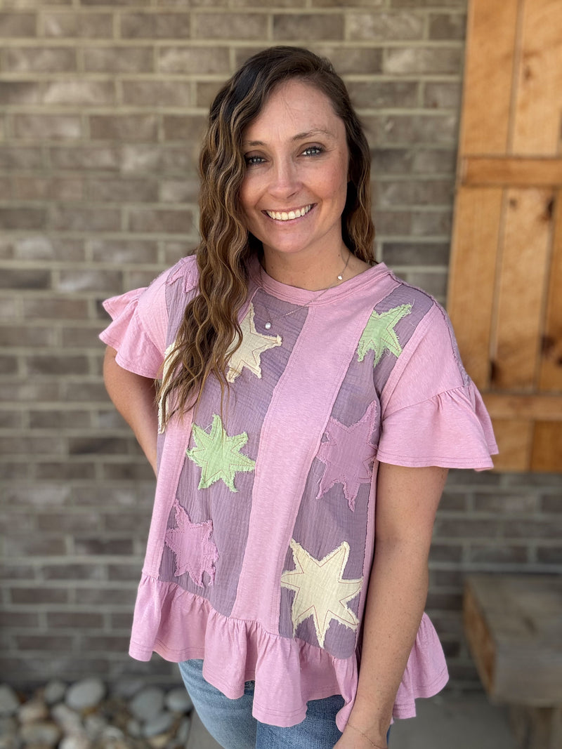 Rose Pink Star Patchwork Babydoll Short Sleeve Top by Easel